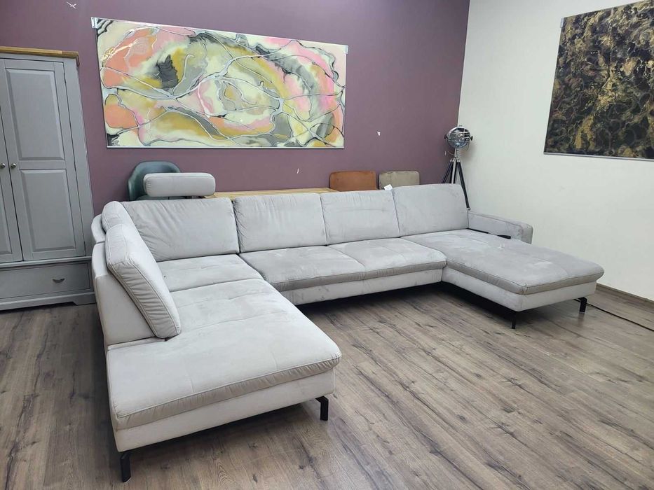 Светло сив П образен ъглов диван с електрическа лежанка "SE Smart"