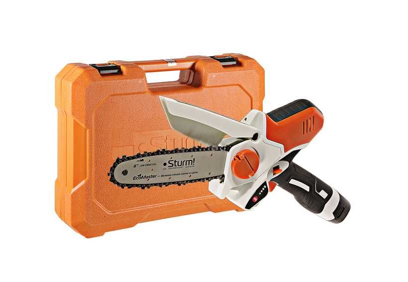 Аккумуляторная цепная пила, Безмасляная, Боковая натяжка цепи, Кейс.