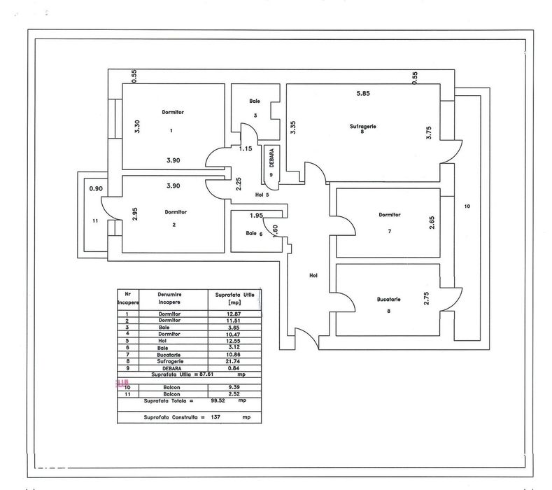 Apartament cu 4 camere, SC -133 mp, etaj 3, VASLUI - zona TRAIAN - ITM