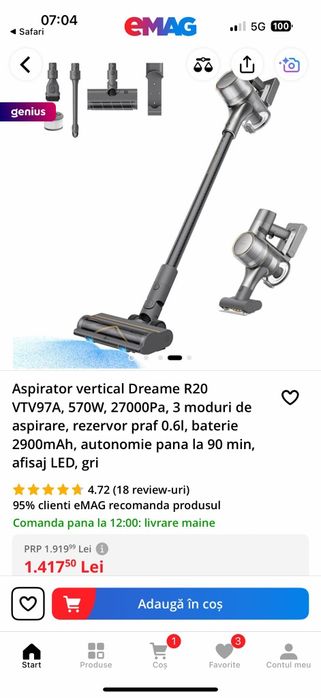 Aspirator vertical Dreame R20  VTV97A ,570W 27000Pa,3 moduri