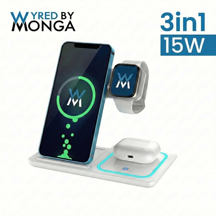 Statie Incarcare Wireless 3-in-1 Pliabila Wyred by Monga Qi 15W Alb