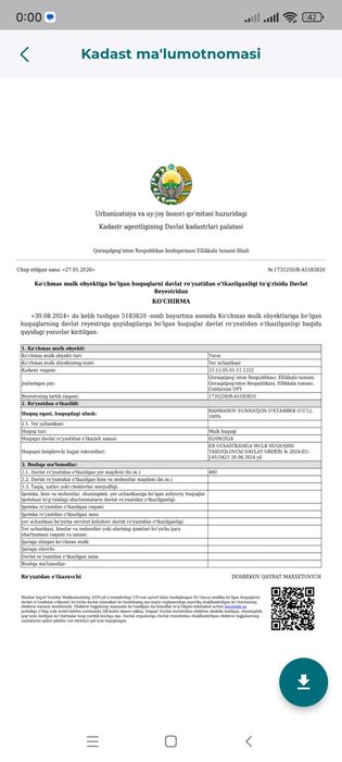 Uy joy qurish uchun yer uchastkasi 4 sotixdan 2 ta yonma yon uchaska