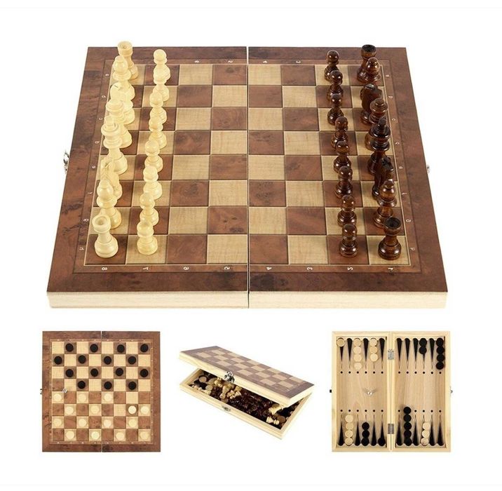 Дървен шах 3-в-1 с три класически игри: Шах Табла и Дама в 2 размера
