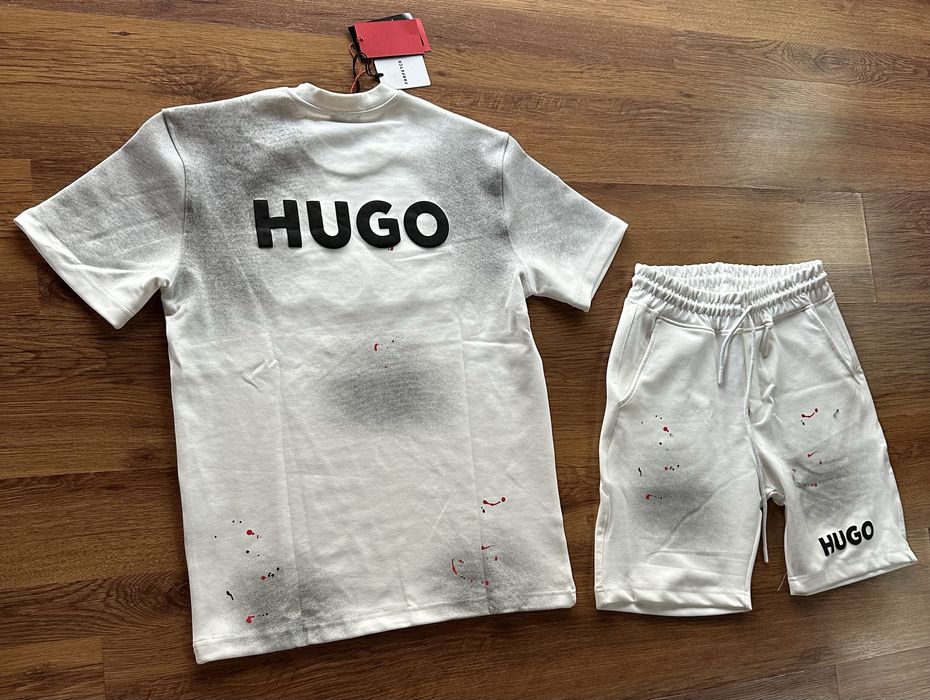 Мъжки,памучен,къс комплект Hugo BOSS с лого на гърба и отпред в бяло