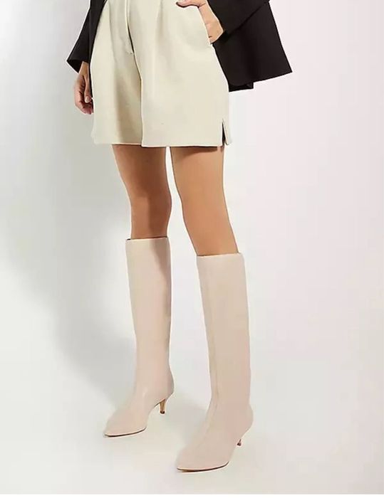 Dune London Cizme ecru crem toc mic piele naturala