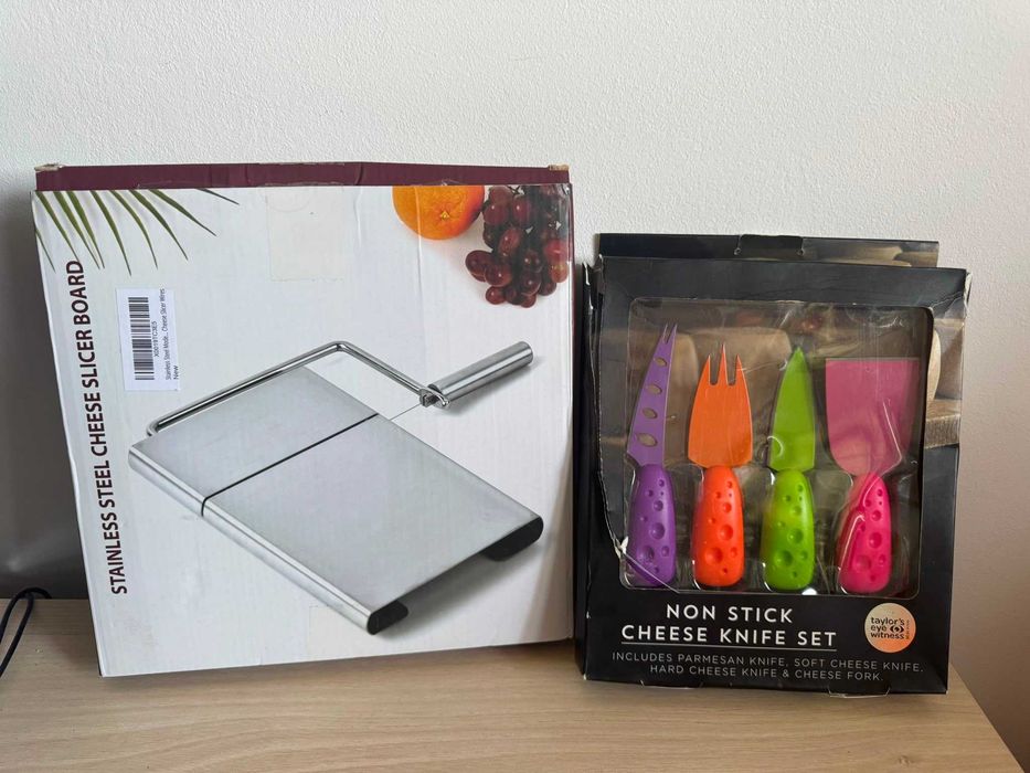 Set brânzeturi – 4 cuțite + feliator inox cu fire de rezervă, nou