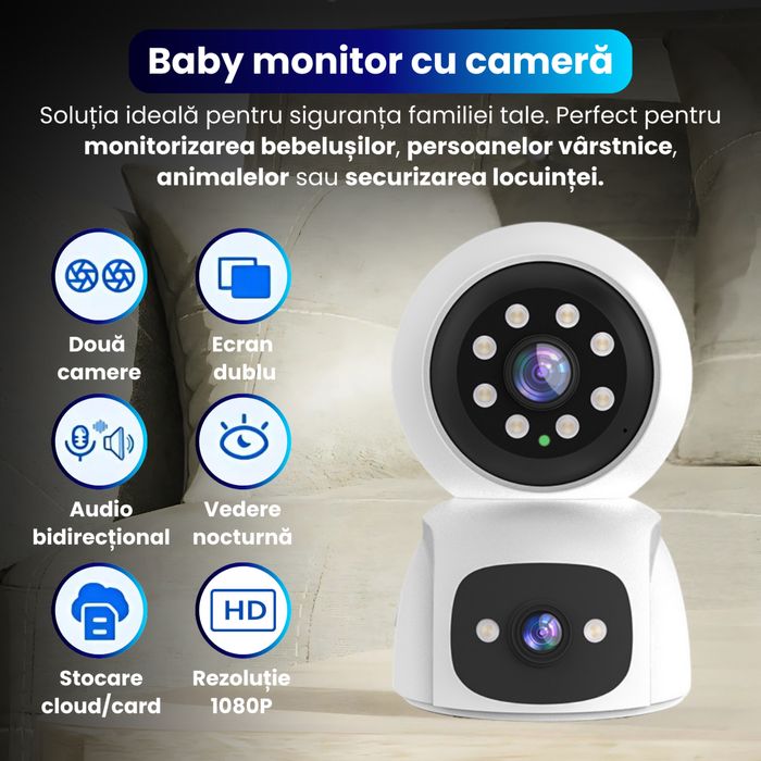Baby monitor cu camera, 2 lentile si control PTZ 360°