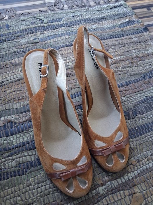 Pantofi slingback vintage din piele întoarsă maro (cognac/maro deschis), noi, 38