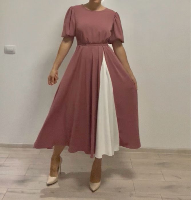Rochie eleganta roz prăfuit, mânecă bufantă, insert alb
