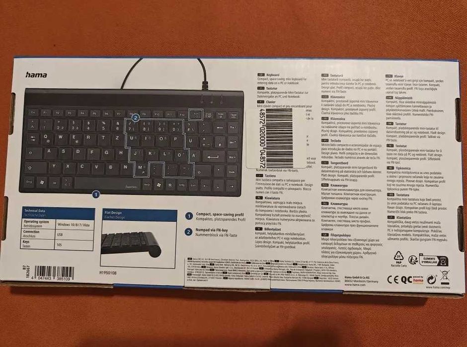 Компактна Клавиатура Hama Slimline SL720, Кирилица, Black, USB, 1,4m