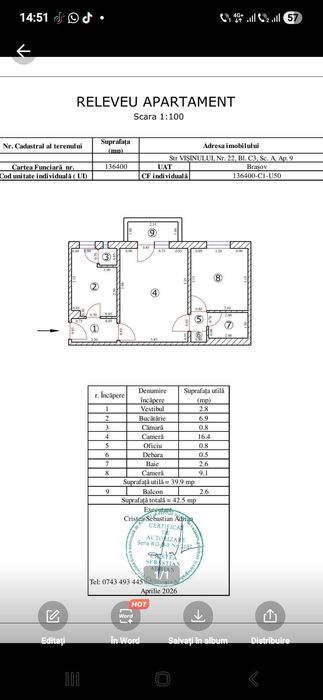 Apartament 2 camere renovabil 43 mp in zona linistita cartier Noua . Comision ZERO