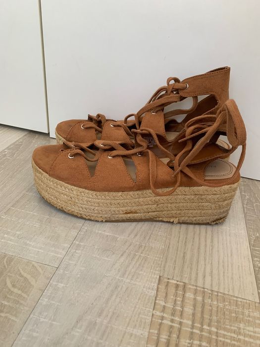 Sandale platforma yuta, cu snur pe picior, Pull&Bear, 39