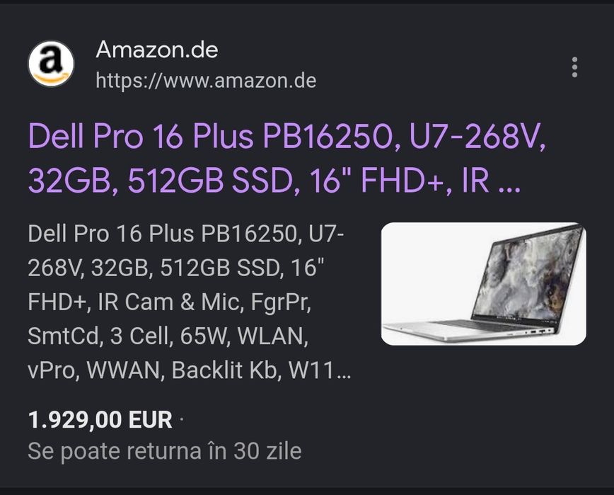 Dell Pro 16 Plus PB16250, Ulra 7-268V, 32GB, 512GB SSD, 16" FHD+, SIGI