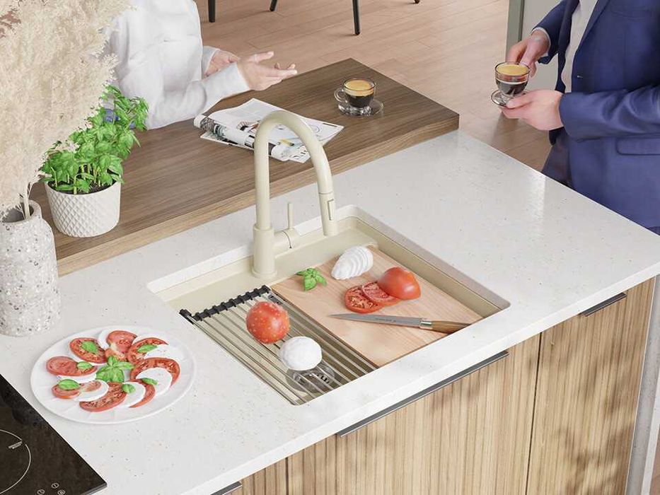 Бежава кухненска мивка за вграждане под плот Берген 60 Low 560x530 мм