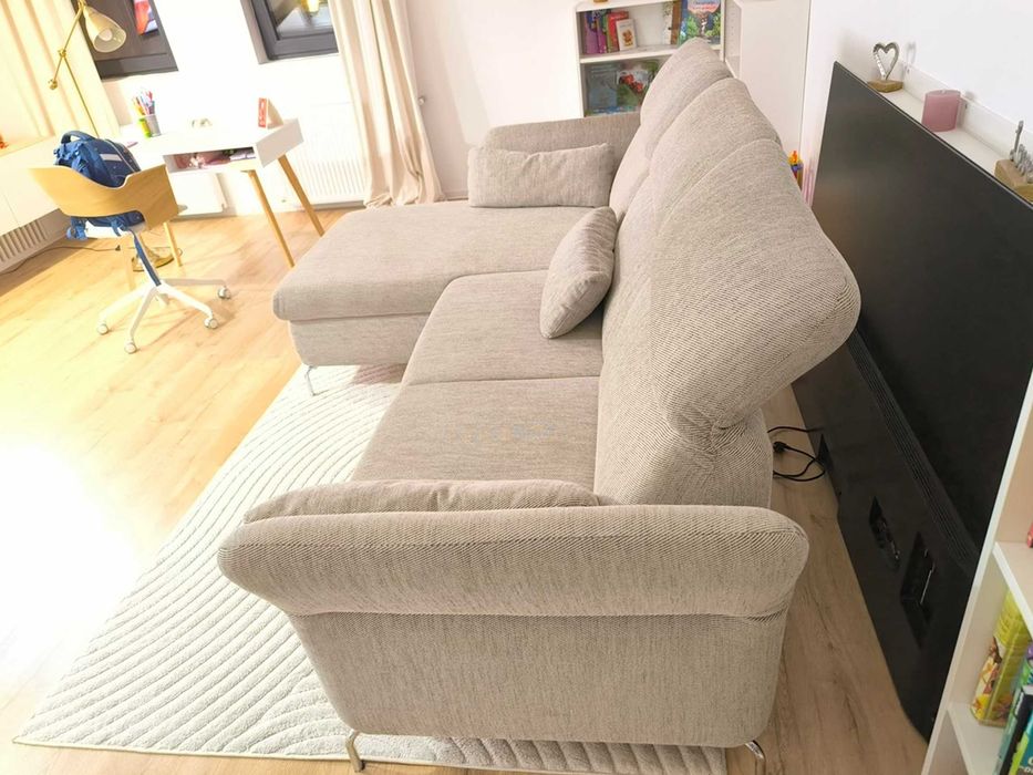 Canapea  FAMMARP 3 locuri cu şezlong, stanga metal/Viarp bej/maro