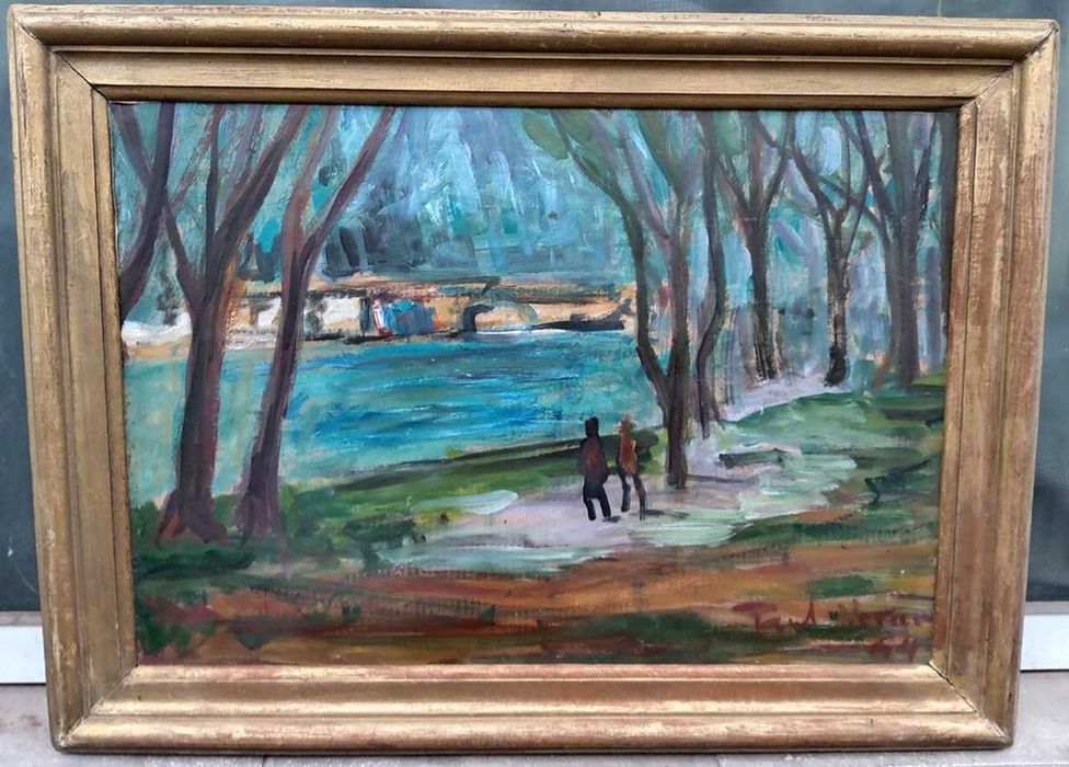 Tablou vechi - plimbare pe malul raului - semnat Paul Verona