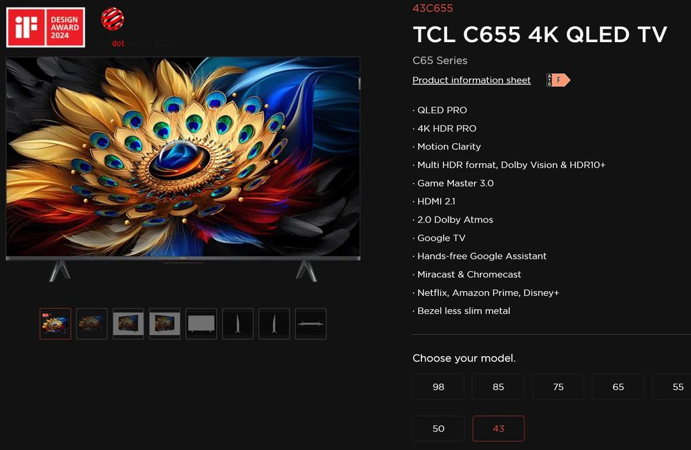 Телевизор TCL QLED 43C655 43" Smart Google TV, 4K Ultra HD Гаранция