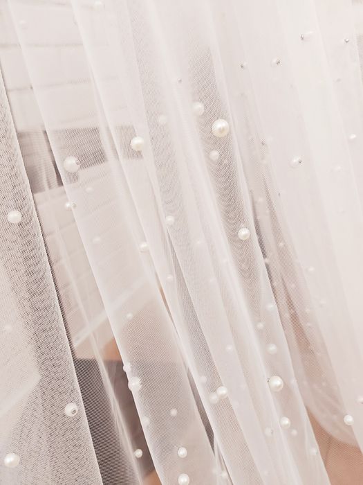 Voal cu perle ivory din tulle de mătase