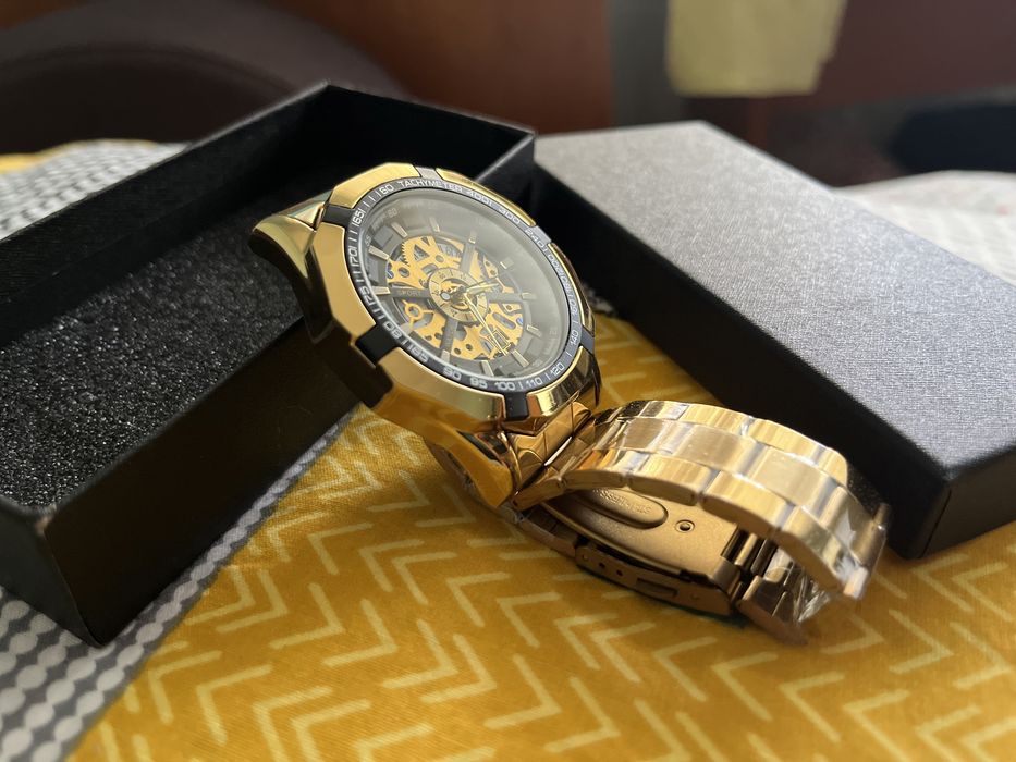 Ceas Skeleton Tachymeter NOU Gold Sapphire Barbat