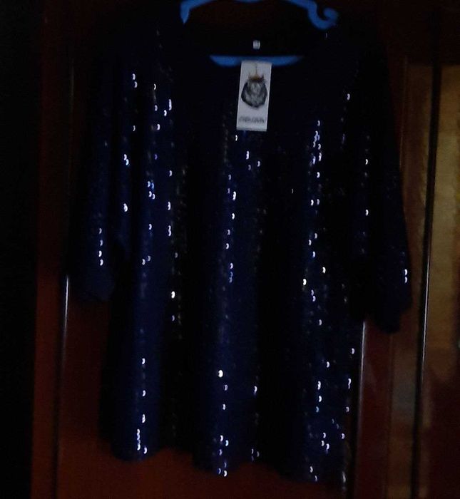 Нарядная блузка с пайетками блестящая новогодняя синяя 50-52 раз
