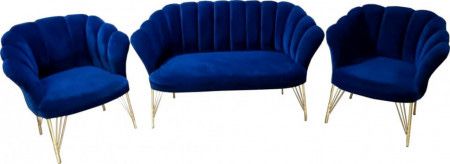 Set canapea cu doua fotolii din catifea albastru inchis