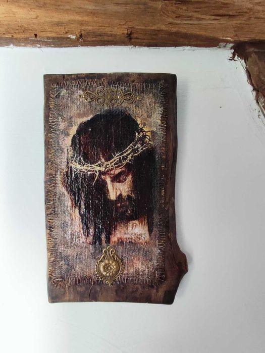 Icoană rustică pe lemn masiv– Isus cu coroană de spini