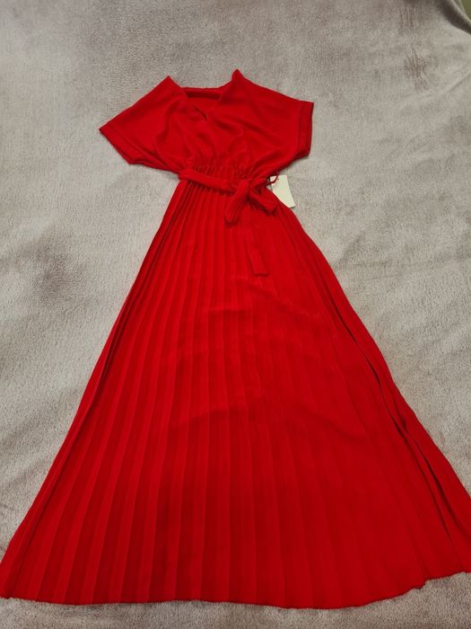 Rochie elegantă- Rochie plisată roșie-Rochie zi-Rochie eveniment