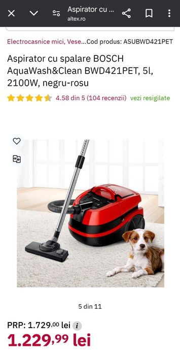 Aspirator cu spalare BOSCH AquaWash&Clean BWD421PET, 5l, 2100W, rosu