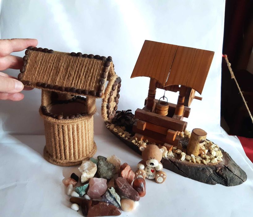 2 fântâni decorative, artizanale, vechi + pietre semiprețioase