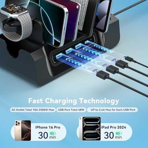 Нова 6 в 1 зарядна станция с AC USB USB-C за телефон таблет слушалки и часовник