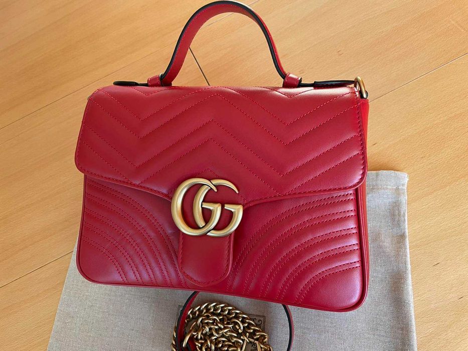 Geantă Gucci Originală Top Handler GG Logo Marmont Red Piele Gucci