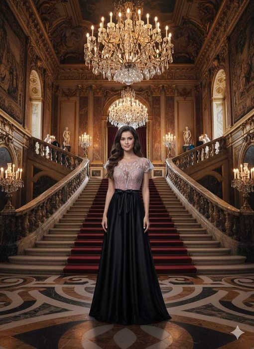 Rochie de seara -corset brodat si fusta cu crapatura pe picior