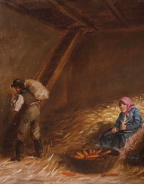 ”La depănușat porumb”-Tablou AUTENTIC, ul/pz, Ott Zoltan (1881-1946)