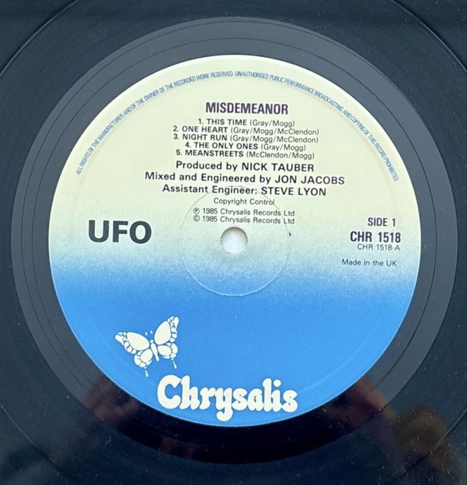 UFO – Misdemeanor LP 1985 UK Chrysalis CHR 1518 VG+