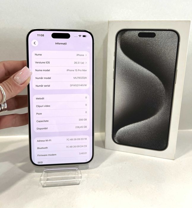 iPhone 15 Pro Max, 256GB, sănătate baterie 84%,  garanție 90 de zile,  WhiteTitanium,  impecabil!