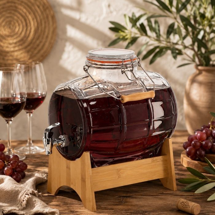 Стъклен диспенсър за напитки 8L, с кран и бамбукова поставка