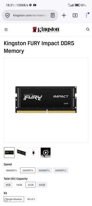 Vand memorie laptop Kingston Fury Impact 32GB, DDR5-5600Mhz.