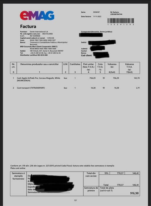 Casti Apple Airpods Pro Originale Pachet Complet Garantie Factura eMag