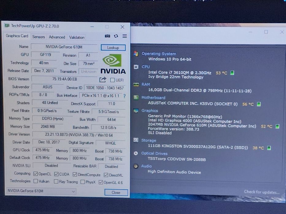 Laptop Asus i7 3610QM 2,3/3,3Ghz, 16GB, 120GB, Nvidia 610M 2GB, BATERIE 6H, Win 10 Office 2010