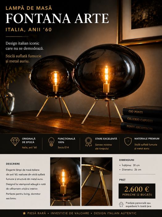 Lampi de masa italiene vintage Fontana Arte ani '60-'70