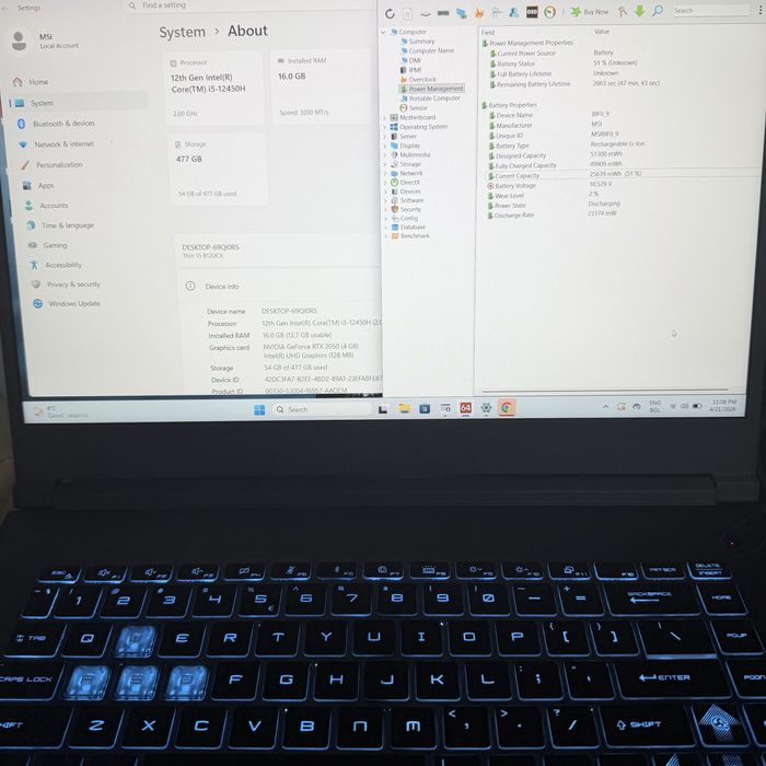 MSI Thin 15/IPS 144HZ/i5-12450H/RTX 2050/16GB/512GB/Гаранция