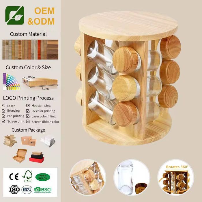 Деревянная вращающаяся подставка для специй с баночками 360°