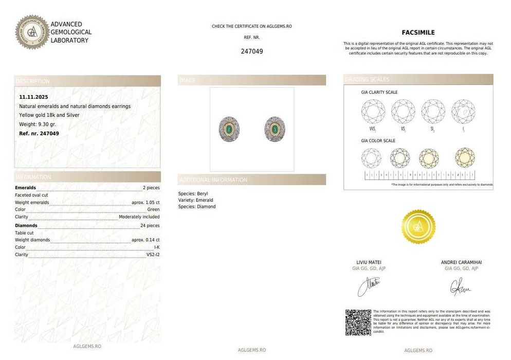 Pereche de cercei din aur și argint, decorată cu smaralde și diamante