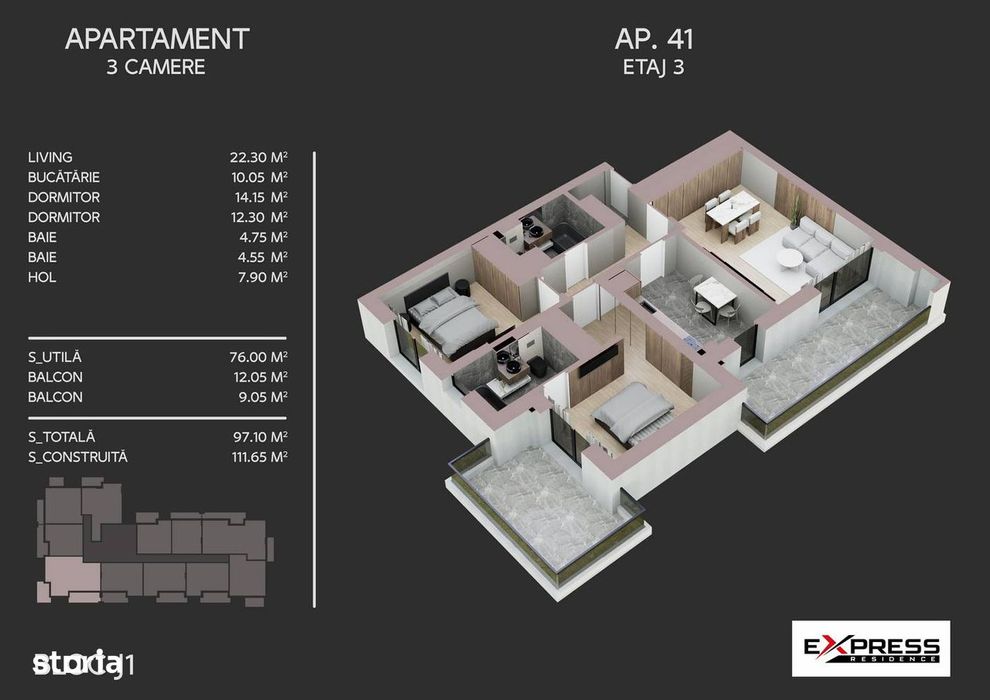 Apartament cu 3 camere, decomandat, 97.10 mp, zona Bd.Metalurgiei