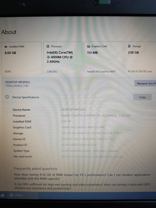 Laptop Terra Mobile 1749 17.3" Intel Core i3 4000M 4GB 240GB SSD Win10