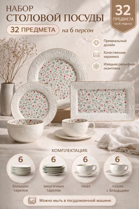 Сервиз новый 32 предмета на 6 персон