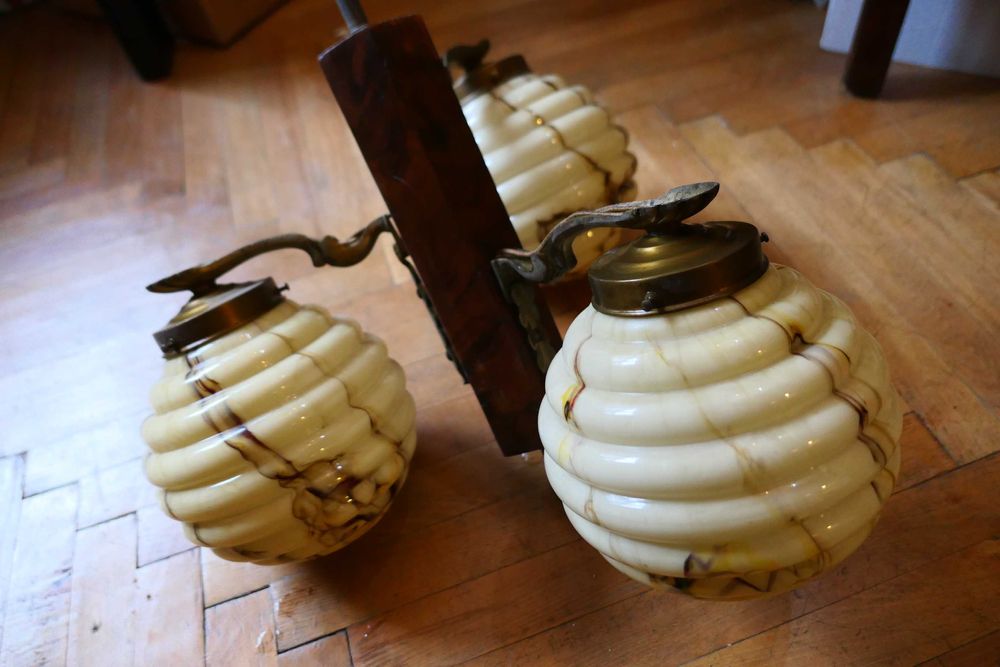 Lustra veche Art Deco Ornamente Lemn Metal Bronz Sticla Vintage Retro