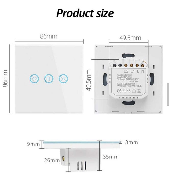 Intrerupator smart WiFi BLE 1800W jaluzele panou sticla TUYA