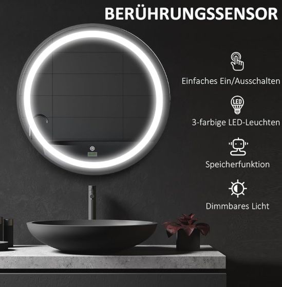LED Димируемо огледало за баня с функция памет Ф60 Kleankin