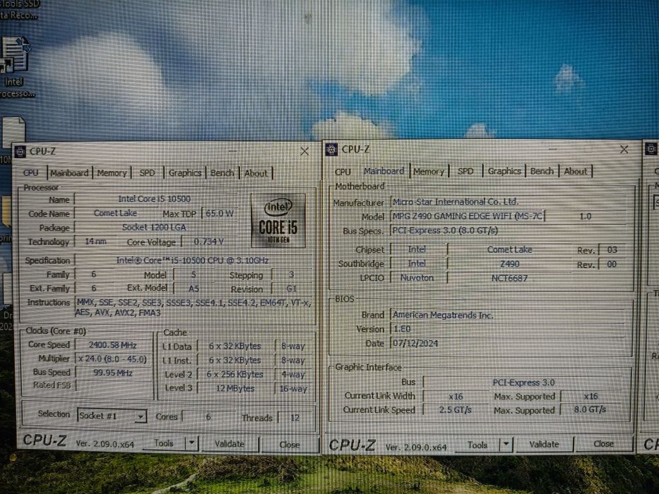 Vând kit Intel MSI Z490 WiFi i5 10500 16Gb DDR4 3200